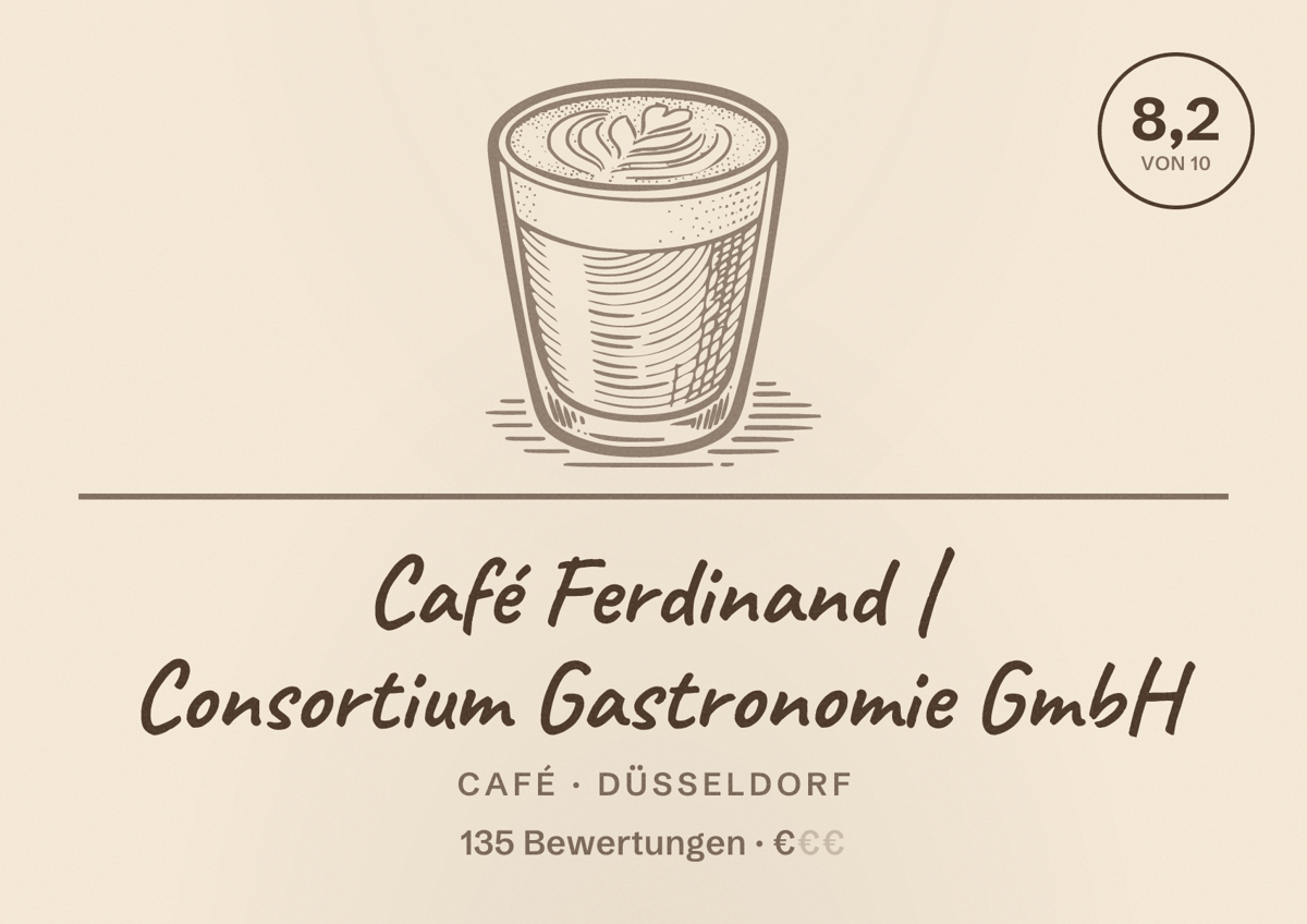 Illustriertes Poster von Café Ferdinand | Consortium Gastronomie GmbH, Café in Düsseldorf: Bewertung 8,2 von 10 aus 135 Bewertungen, Preisniveau €