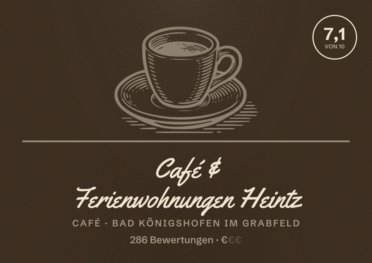 Illustriertes Poster von Café & Ferienwohnungen Heintz, Café in Bad Königshofen im Grabfeld: Bewertung 7,1 von 10 aus 286 Bewertungen, Preisniveau €