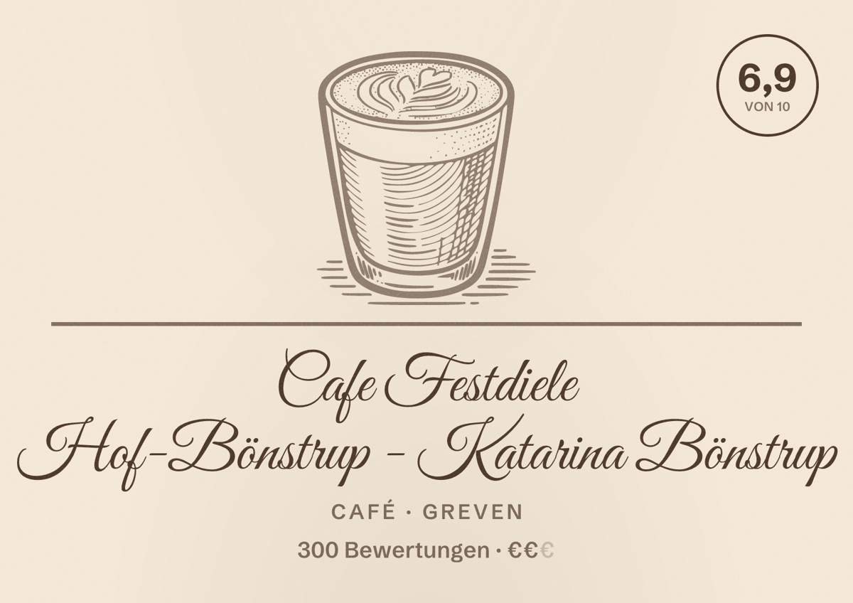 Illustriertes Poster von Cafe Festdiele Hof-Bönstrup - Katarina Bönstrup, Café in Greven: Bewertung 6,9 von 10 aus 300 Bewertungen, Preisniveau €€