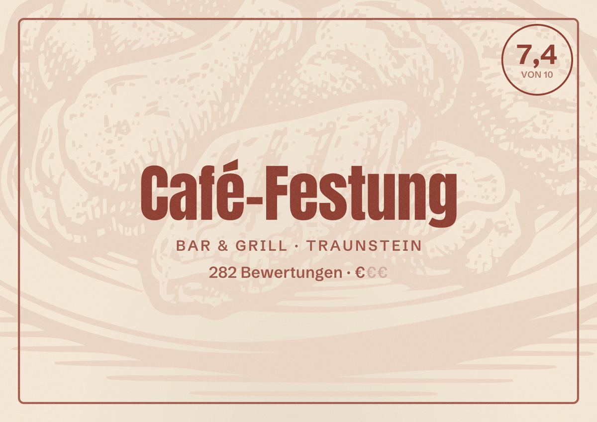 Illustriertes Poster von Café-Festung, Bar & Grill in Traunstein: Bewertung 7,4 von 10 aus 282 Bewertungen, Preisniveau €