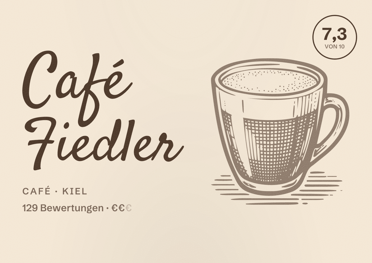 Illustriertes Poster von Café Fiedler, Café in Kiel: Bewertung 7,3 von 10 aus 129 Bewertungen, Preisniveau €€
