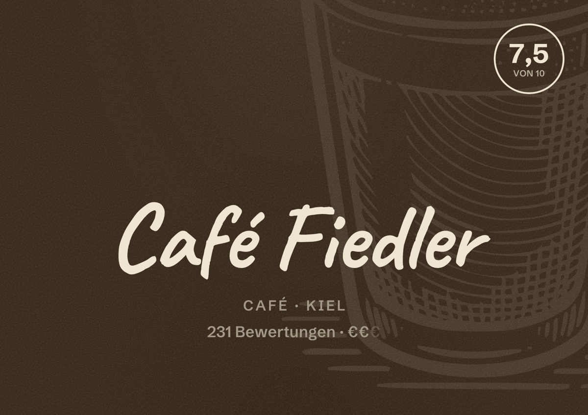 Illustriertes Poster von Café Fiedler, Café in Kiel: Bewertung 7,5 von 10 aus 231 Bewertungen, Preisniveau €€