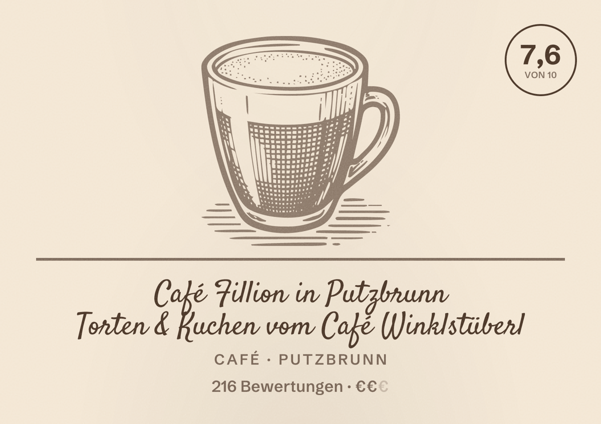 Illustriertes Poster von Café Fillion in Putzbrunn Torten & Kuchen vom Café Winklstüberl, Café in Putzbrunn: Bewertung 7,6 von 10 aus 216 Bewertungen, Preisniveau €€