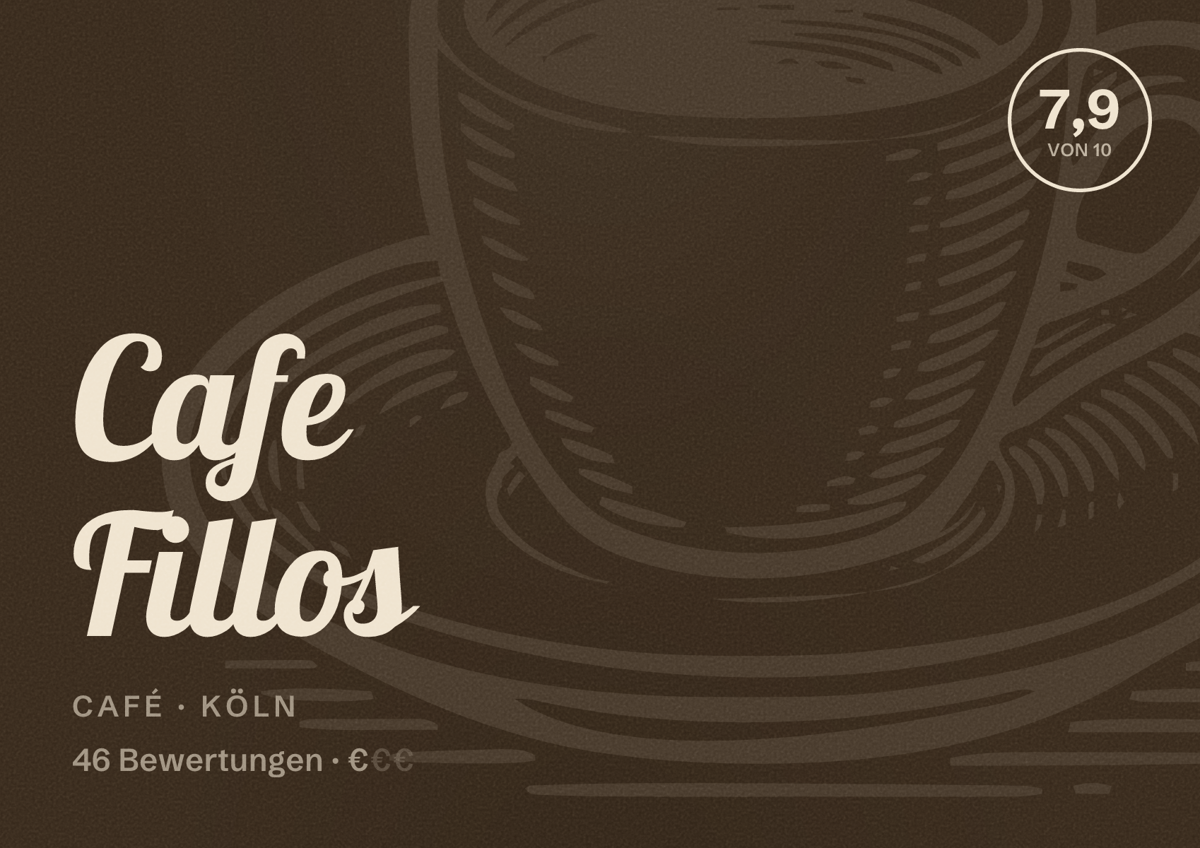 Illustriertes Poster von Cafe Fillos, Café in Köln: Bewertung 7,9 von 10 aus 46 Bewertungen, Preisniveau €
