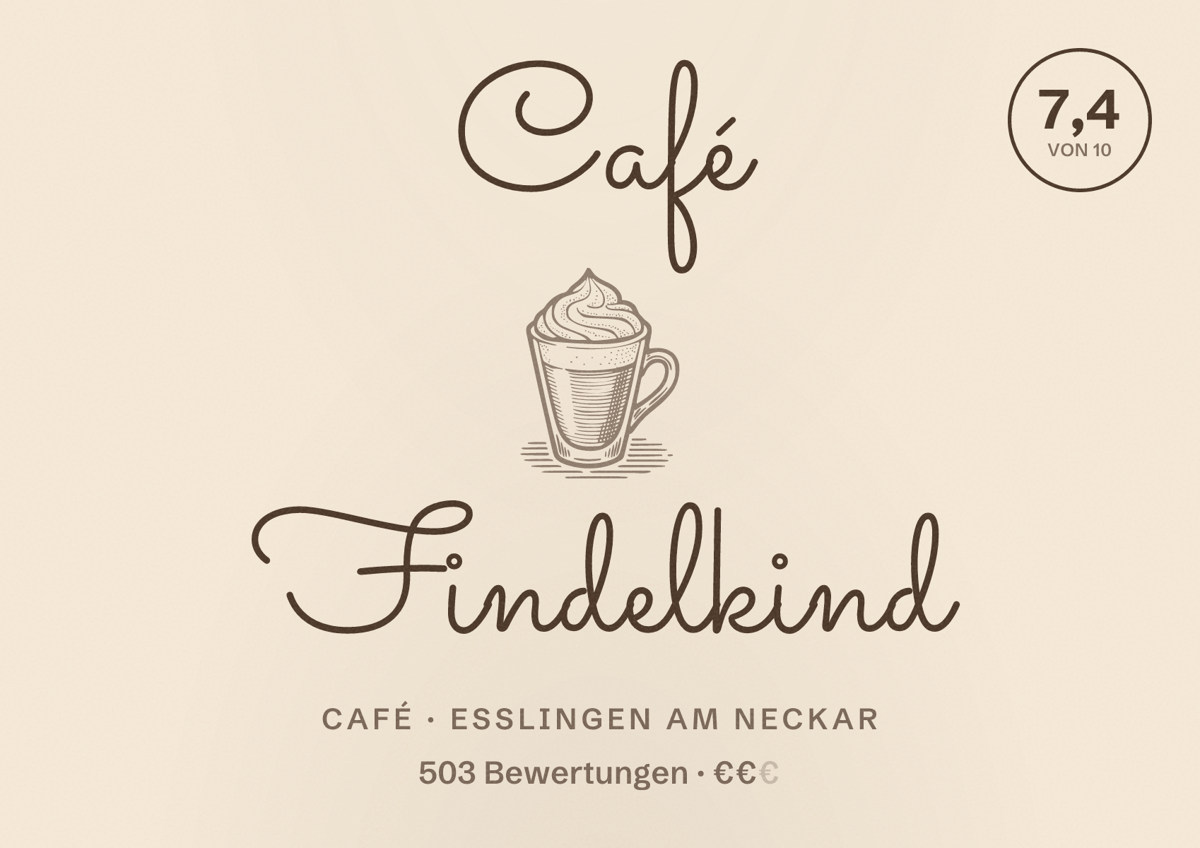 Illustriertes Poster von Café Findelkind, Café in Esslingen am Neckar: Bewertung 7,4 von 10 aus 503 Bewertungen, Preisniveau €€