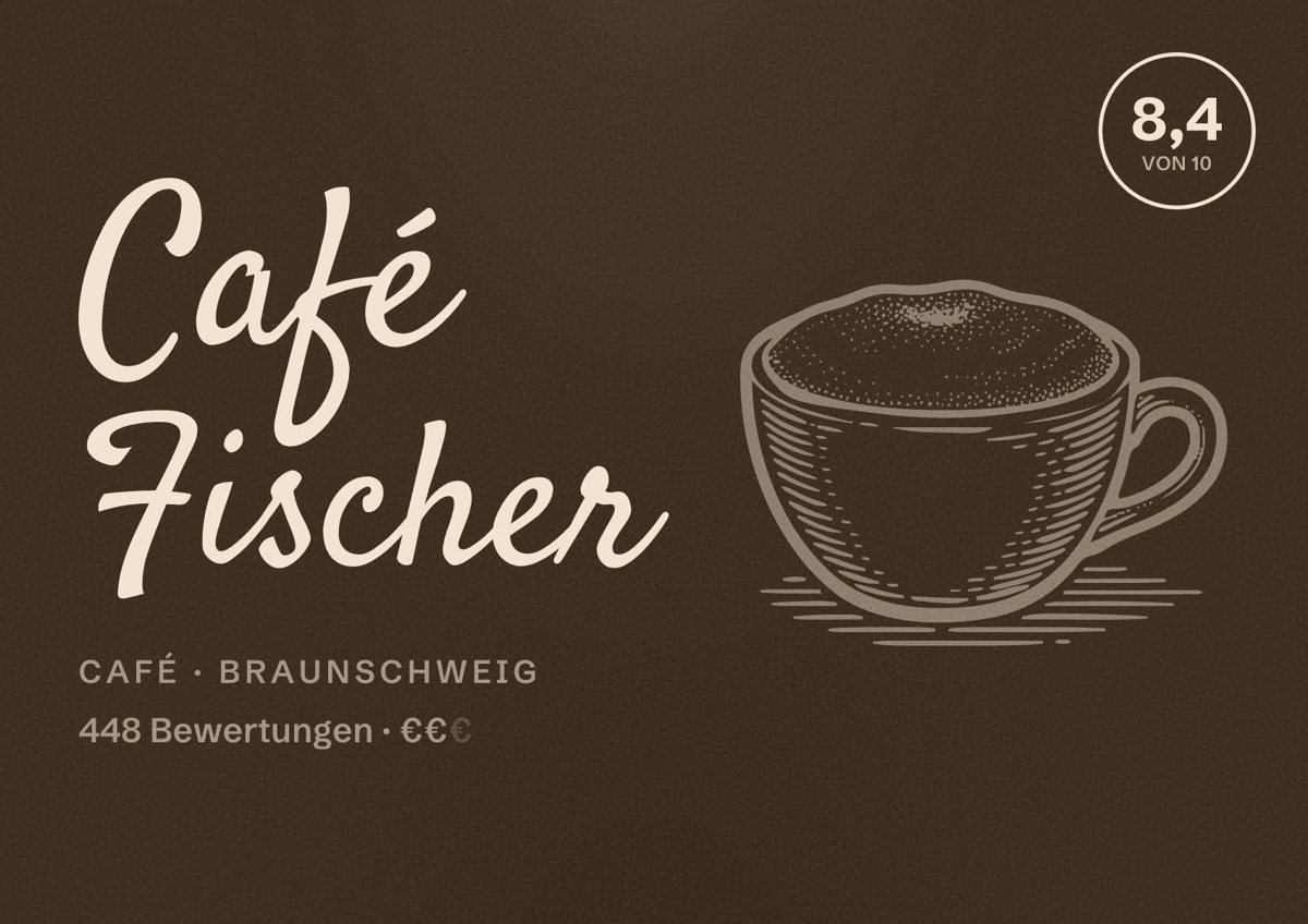 Illustriertes Poster von Café Fischer, Café in Braunschweig: Bewertung 8,4 von 10 aus 448 Bewertungen, Preisniveau €€