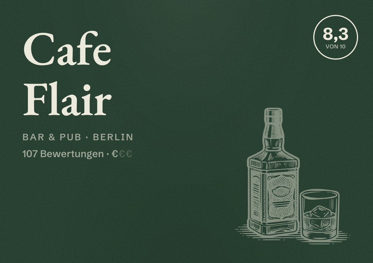 Illustriertes Poster von Cafe Flair, Bar & Pub in Berlin: Bewertung 8,3 von 10 aus 107 Bewertungen, Preisniveau €