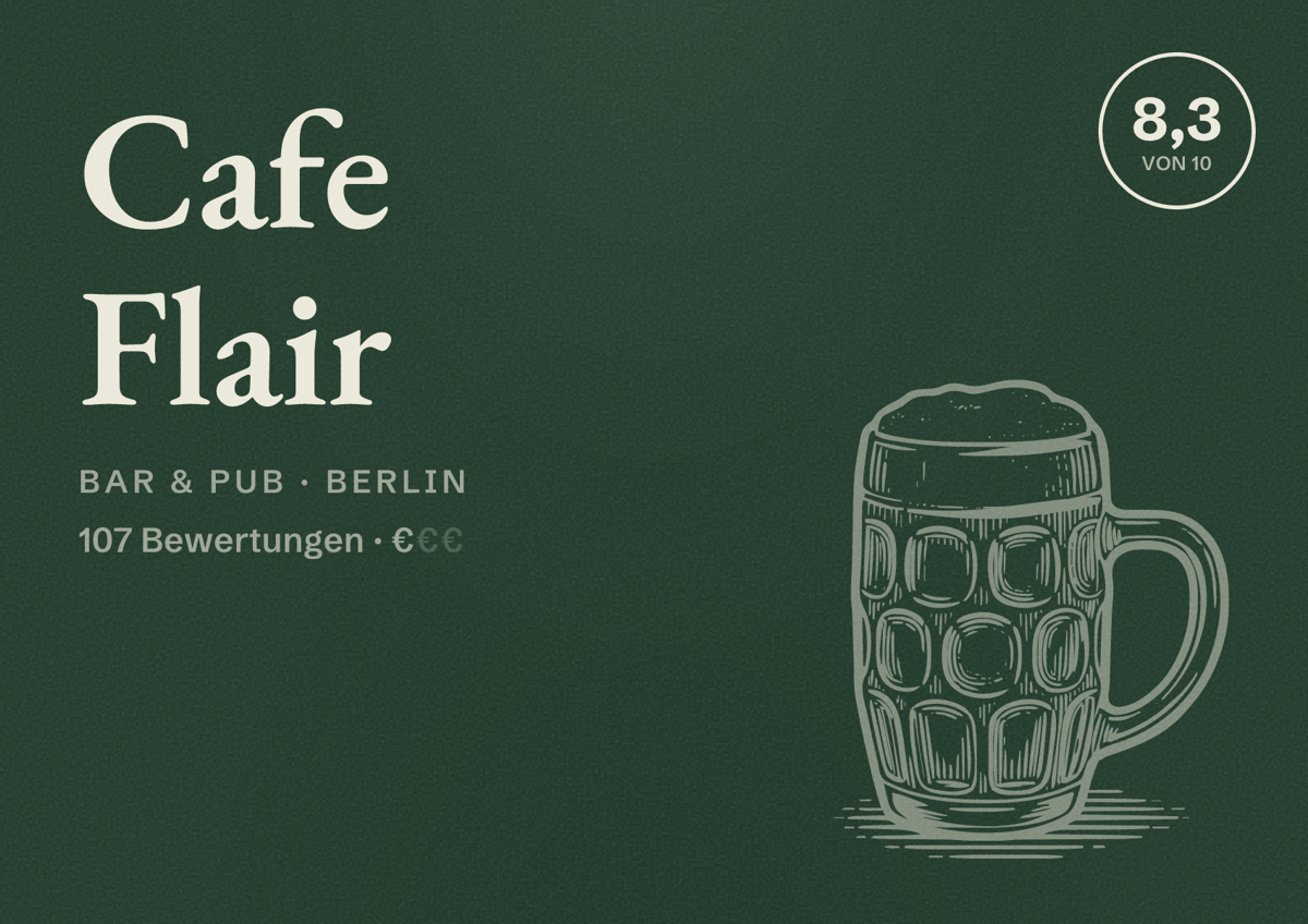 Illustriertes Poster von Cafe Flair, Bar & Pub in Berlin: Bewertung 8,3 von 10 aus 107 Bewertungen, Preisniveau €