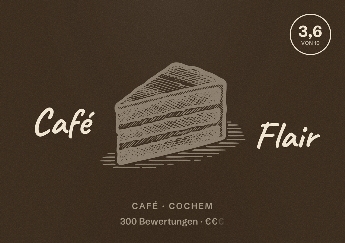 Illustriertes Poster von Café Flair, Café in Cochem: Bewertung 3,6 von 10 aus 300 Bewertungen, Preisniveau €€