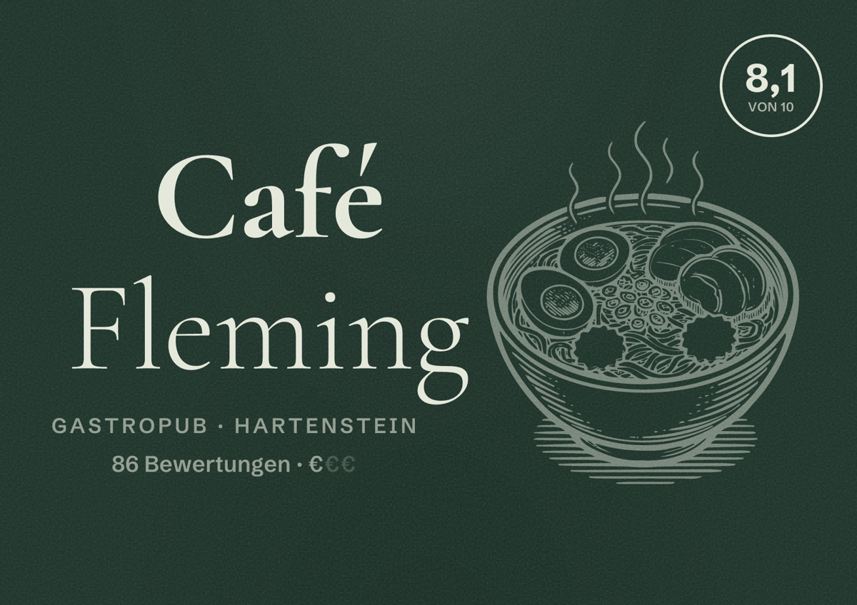 Illustriertes Poster von Café Fleming, Gastropub in Hartenstein: Bewertung 8,1 von 10 aus 86 Bewertungen, Preisniveau €