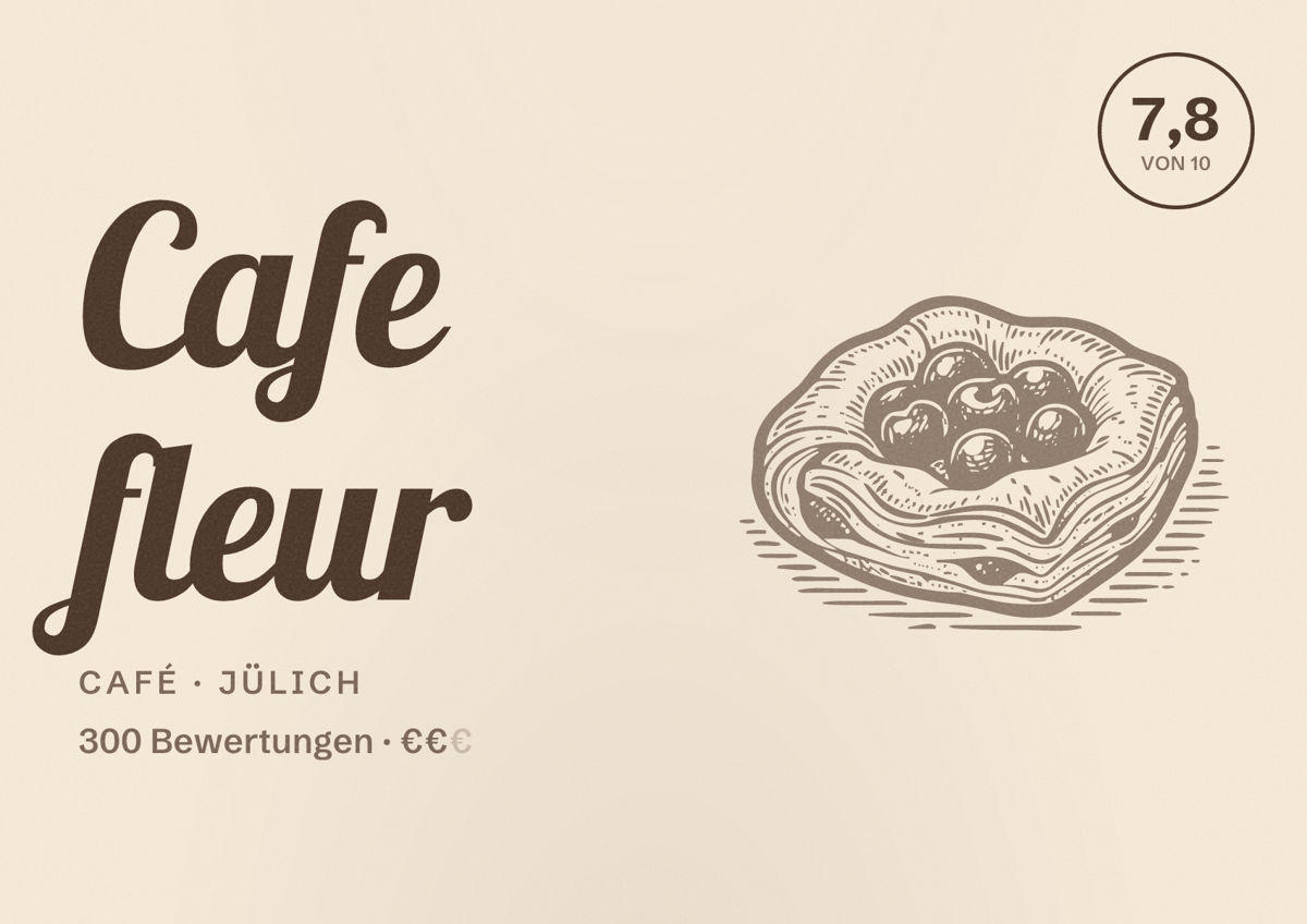 Illustriertes Poster von Cafe fleur, Café in Jülich: Bewertung 7,8 von 10 aus 300 Bewertungen, Preisniveau €€