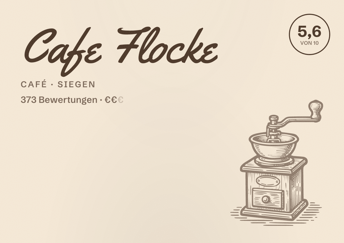 Illustriertes Poster von Cafe Flocke, Café in Siegen: Bewertung 5,6 von 10 aus 373 Bewertungen, Preisniveau €€
