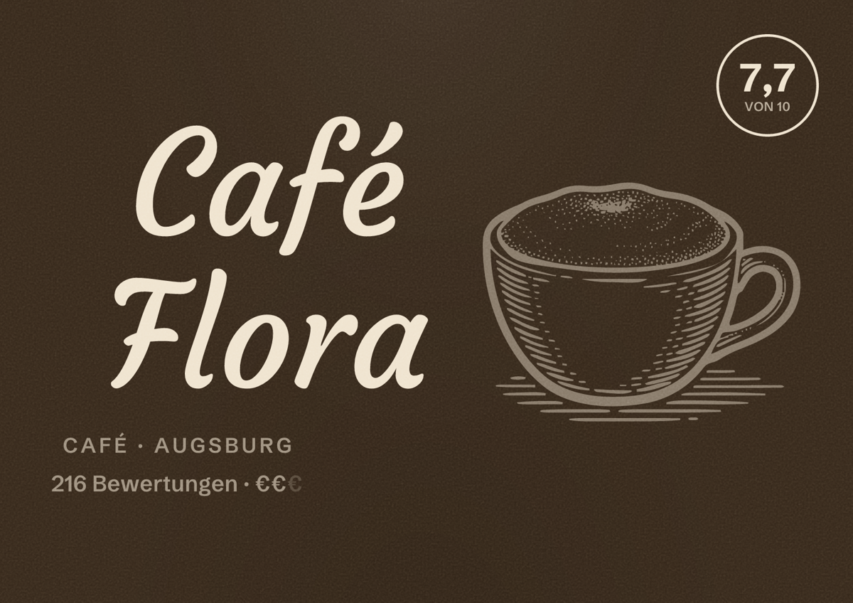Illustriertes Poster von Café Flora, Café in Augsburg: Bewertung 7,7 von 10 aus 216 Bewertungen, Preisniveau €€