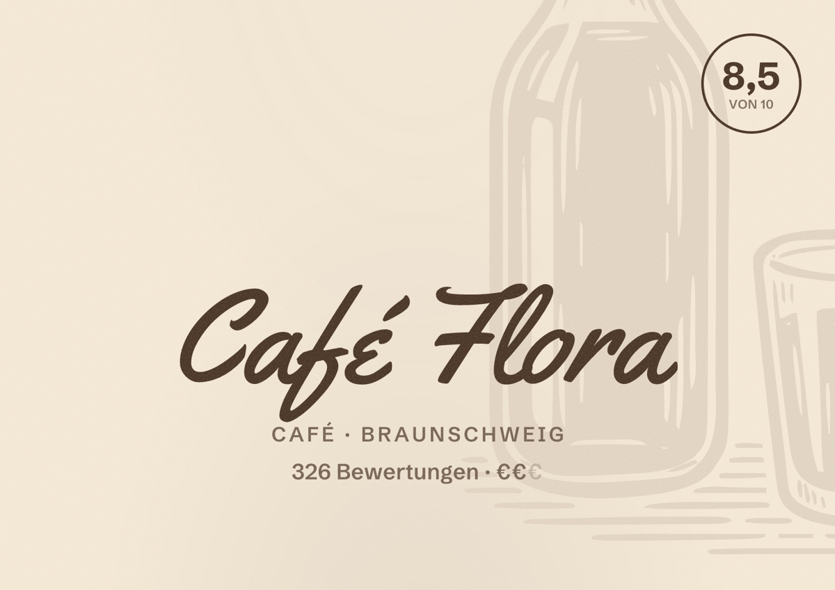 Illustriertes Poster von Café Flora, Café in Braunschweig: Bewertung 8,5 von 10 aus 326 Bewertungen, Preisniveau €€
