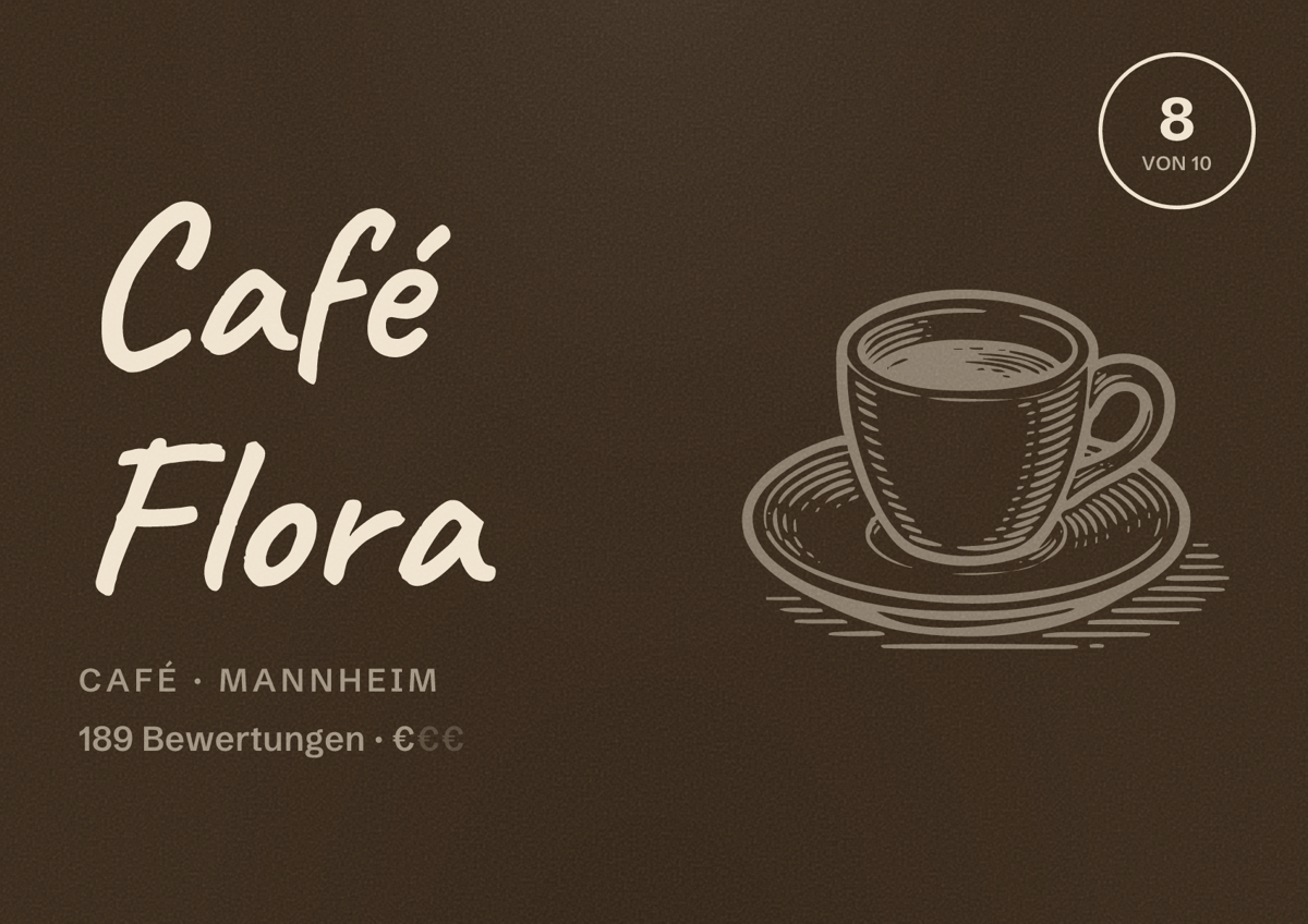 Illustriertes Poster von Café Flora, Café in Mannheim: Bewertung 8 von 10 aus 189 Bewertungen, Preisniveau €
