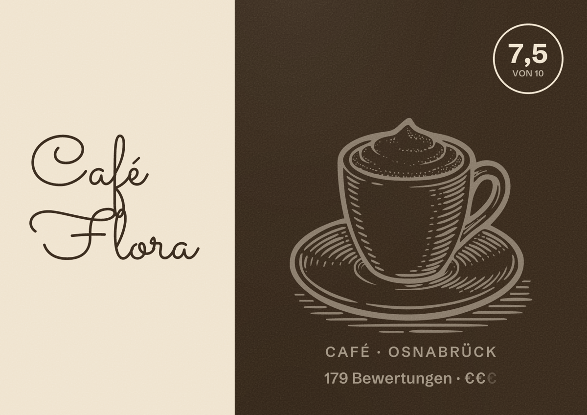 Illustriertes Poster von Café Flora, Café in Osnabrück: Bewertung 7,5 von 10 aus 179 Bewertungen, Preisniveau €€