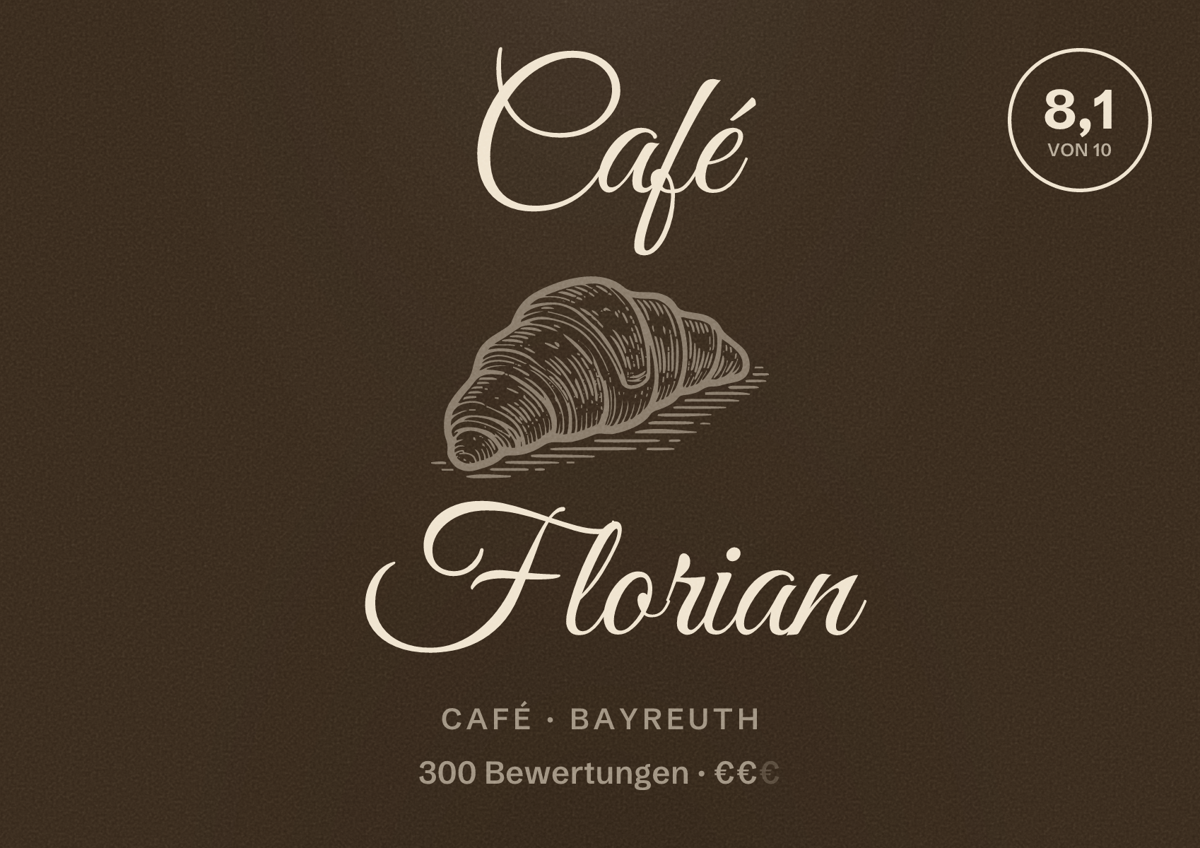 Illustriertes Poster von Café Florian, Café in Bayreuth: Bewertung 8,1 von 10 aus 300 Bewertungen, Preisniveau €€