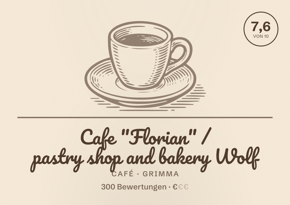 Illustriertes Poster von Cafe "Florian" / pastry shop and bakery Wolf, Café in Grimma: Bewertung 7,6 von 10 aus 300 Bewertungen, Preisniveau €