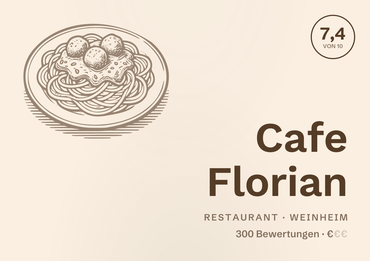 Illustriertes Poster von Cafe Florian, Restaurant in Weinheim: Bewertung 7,4 von 10 aus 300 Bewertungen, Preisniveau €