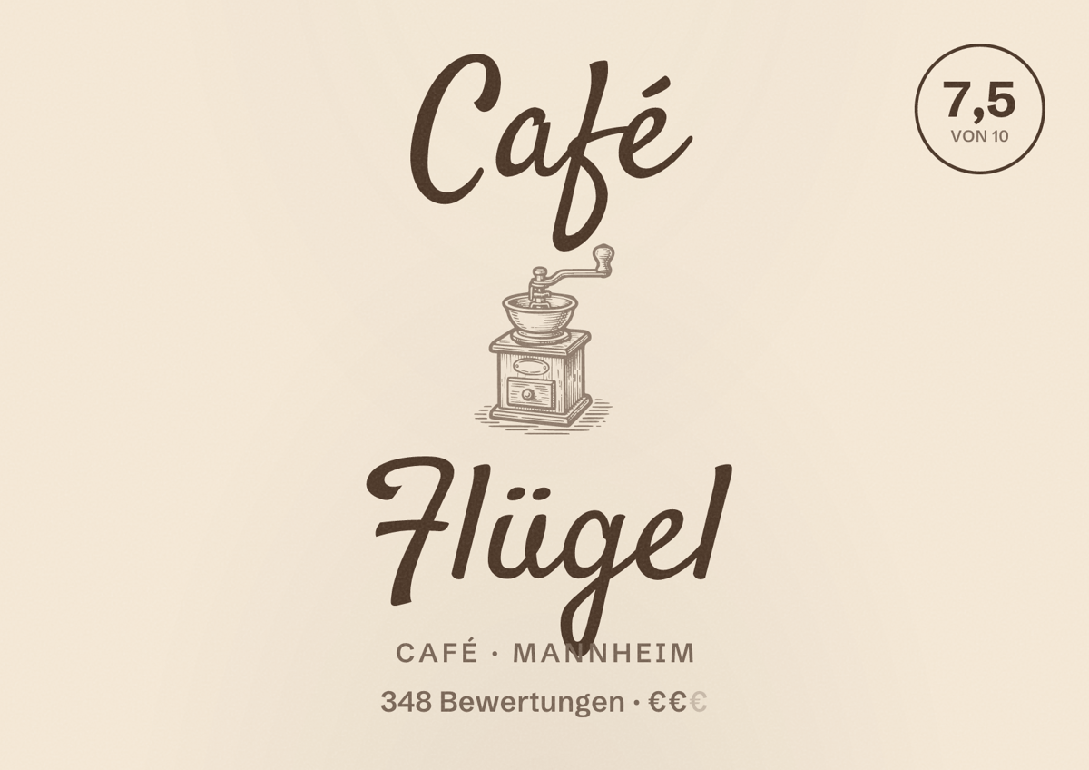 Illustriertes Poster von Café Flügel, Café in Mannheim: Bewertung 7,5 von 10 aus 348 Bewertungen, Preisniveau €€
