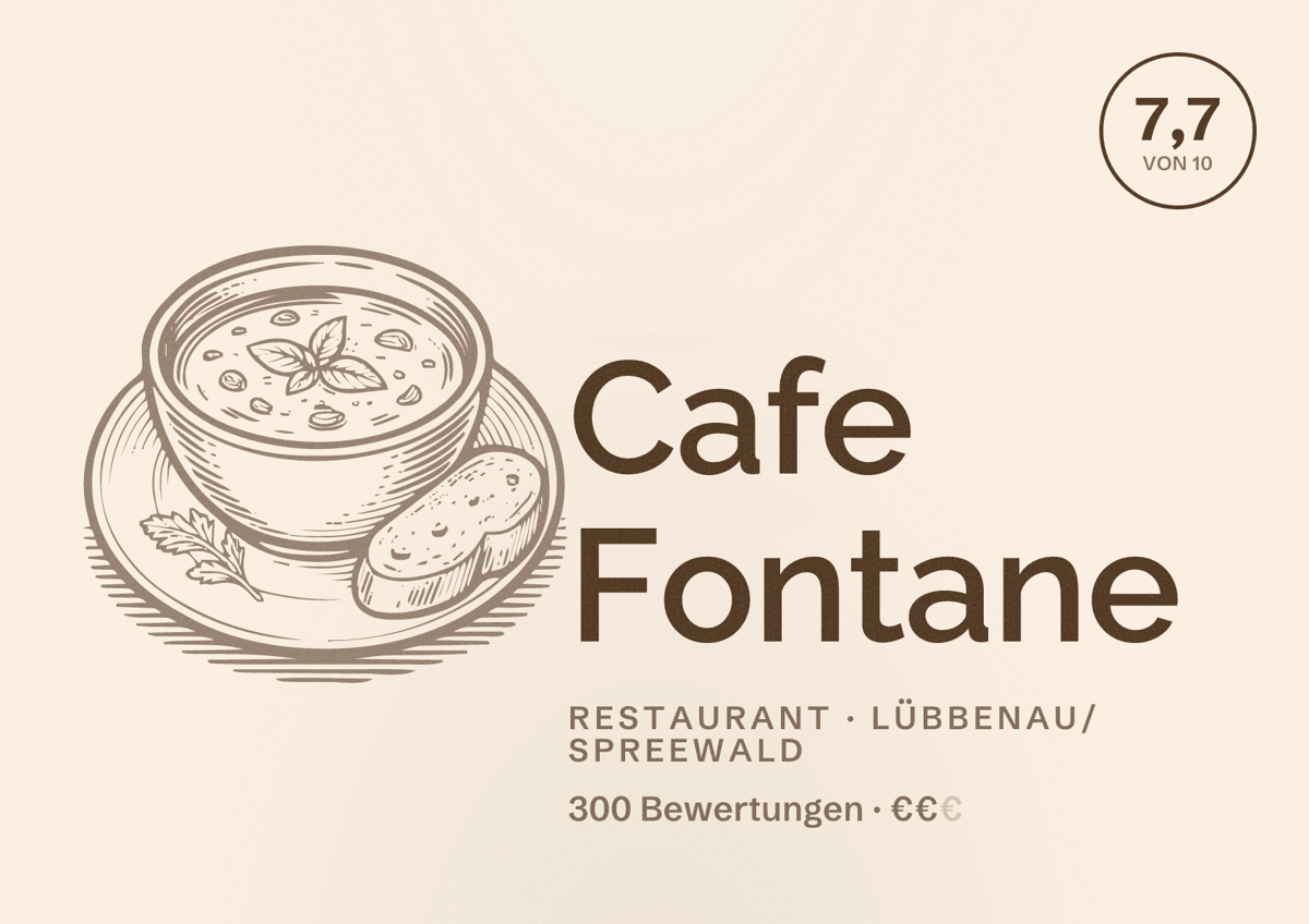 Illustriertes Poster von Cafe Fontane, Restaurant in Lübbenau/Spreewald: Bewertung 7,7 von 10 aus 300 Bewertungen, Preisniveau €€