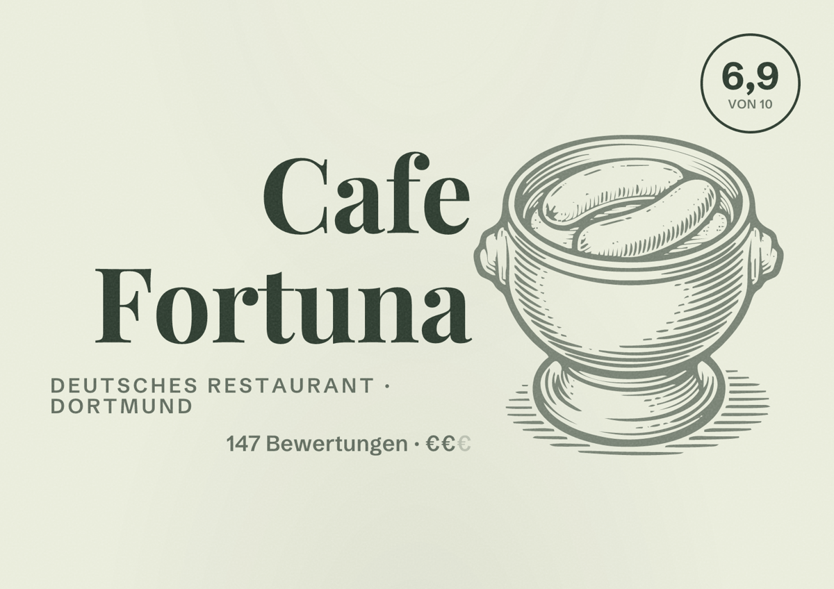 Illustriertes Poster von Cafe Fortuna, Deutsches Restaurant in Dortmund: Gästebewertung 6,9 von 10 aus 147 Bewertungen