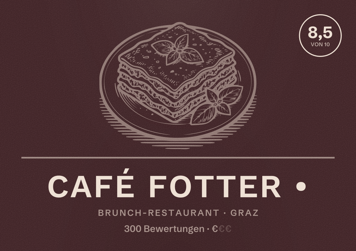 Illustriertes Poster von Café Fotter •, Brunch-Restaurant in Graz: Bewertung 8,5 von 10 aus 300 Bewertungen, Preisniveau €
