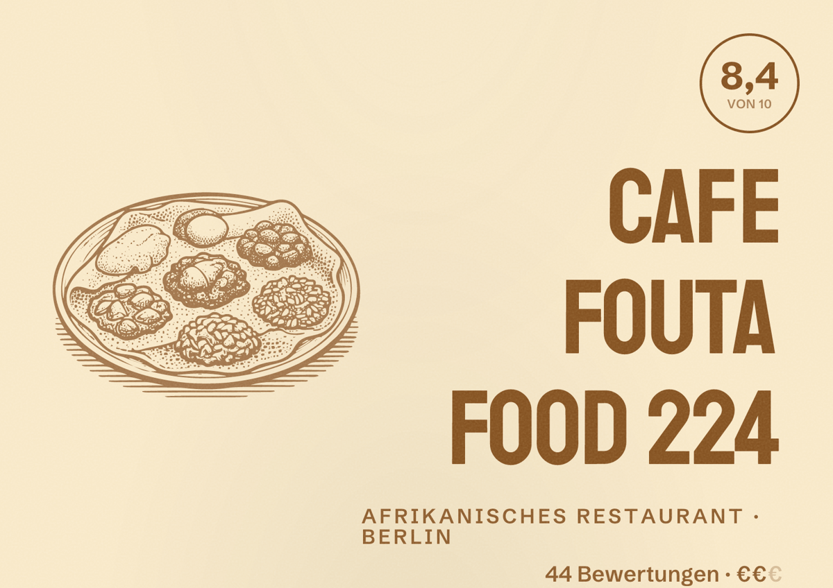 Illustriertes Poster von Cafe Fouta Food 224, Afrikanisches Restaurant in Berlin: Bewertung 8,4 von 10 aus 44 Bewertungen, Preisniveau €€