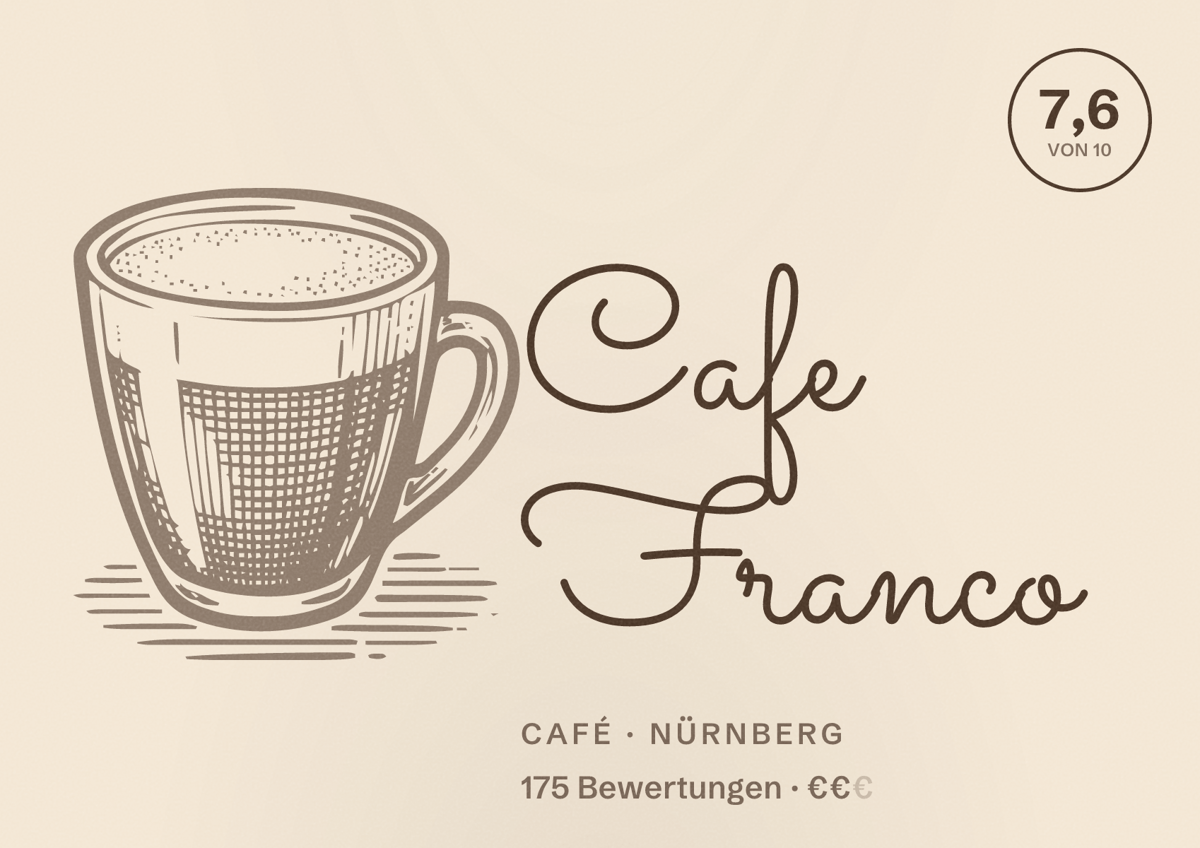 Illustriertes Poster von Cafe Franco, Café in Nürnberg: Bewertung 7,6 von 10 aus 175 Bewertungen, Preisniveau €€