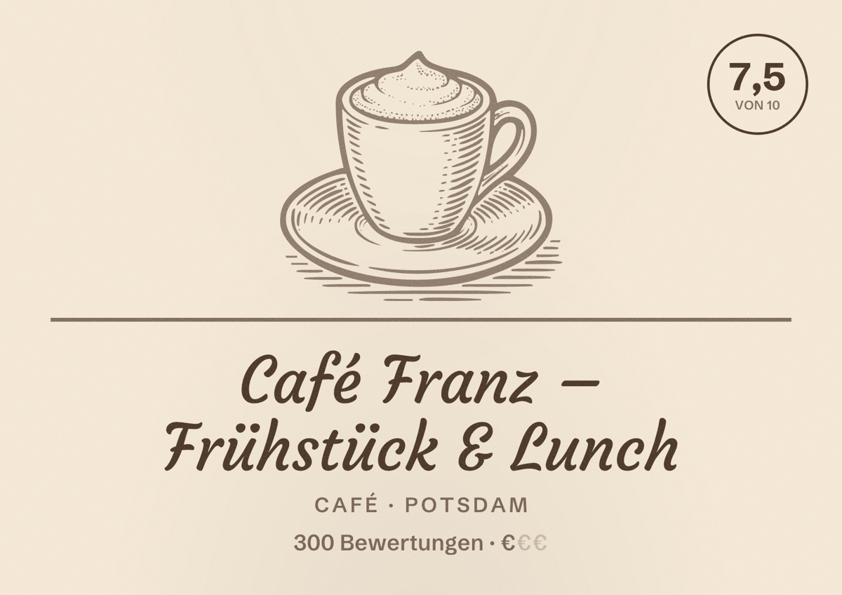 Illustriertes Poster von Café Franz – Frühstück & Lunch, Café in Potsdam: Bewertung 7,5 von 10 aus 300 Bewertungen, Preisniveau €