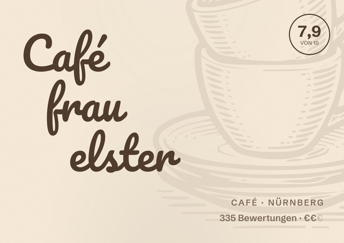 Illustriertes Poster von Café frau elster, Café in Nürnberg: Bewertung 7,9 von 10 aus 335 Bewertungen, Preisniveau €€