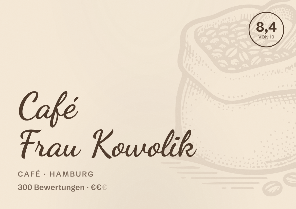Illustriertes Poster von Café Frau Kowolik, Café in Hamburg: Bewertung 8,4 von 10 aus 300 Bewertungen, Preisniveau €€