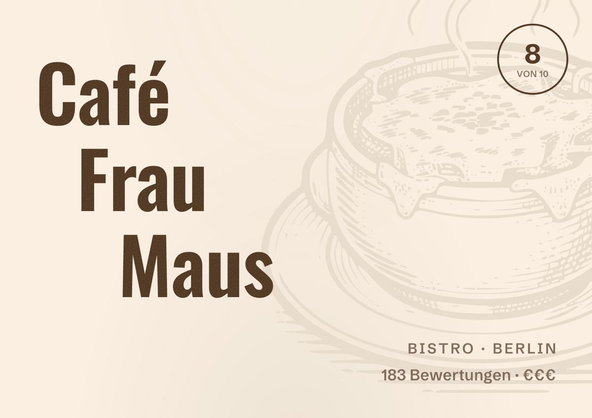 Illustriertes Poster von Café Frau Maus, Bistro in Berlin: Bewertung 8 von 10 aus 183 Bewertungen, Preisniveau €€€