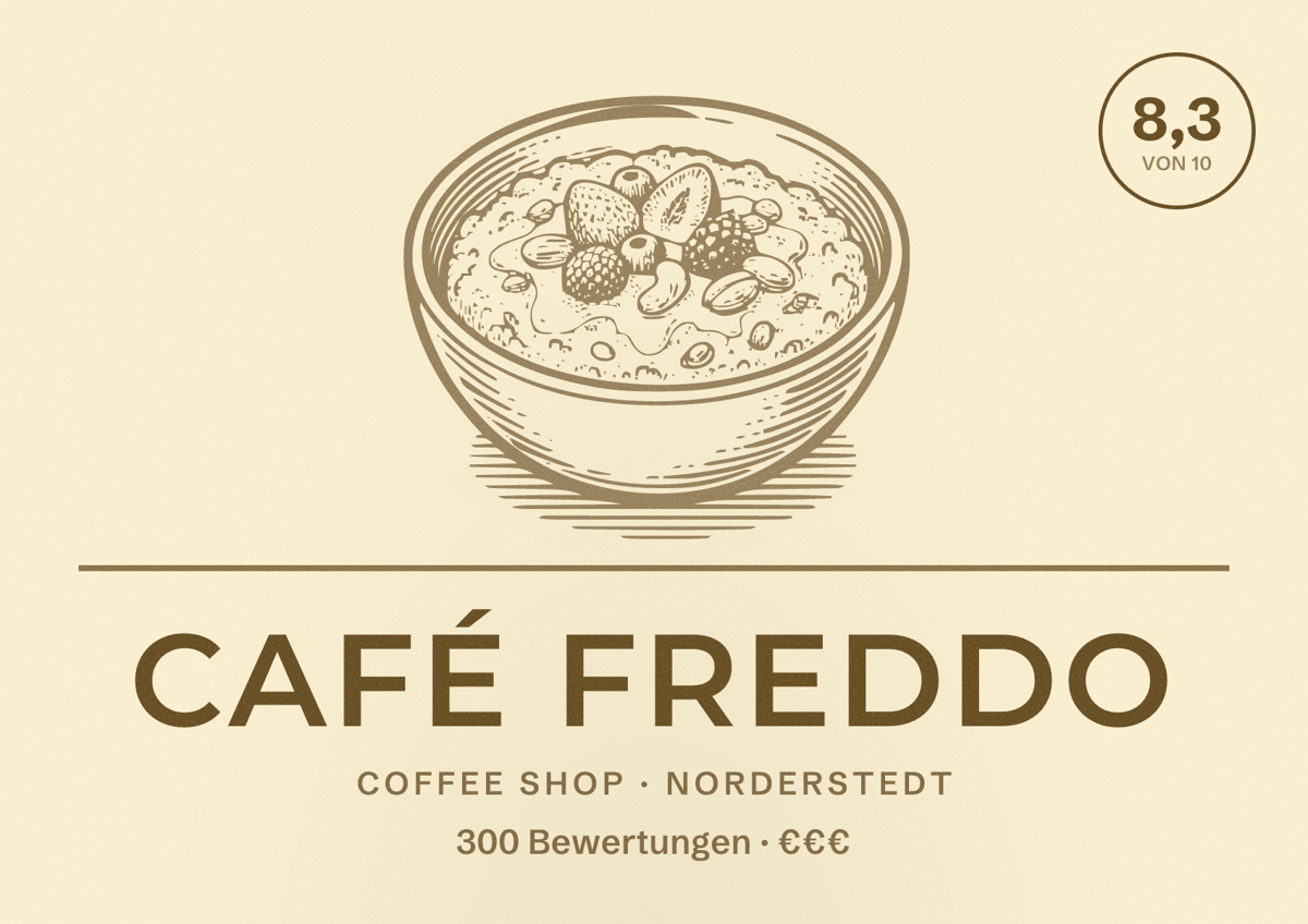 Illustriertes Poster von Café Freddo, Coffee Shop in Norderstedt: Bewertung 8,3 von 10 aus 300 Bewertungen, Preisniveau €€€