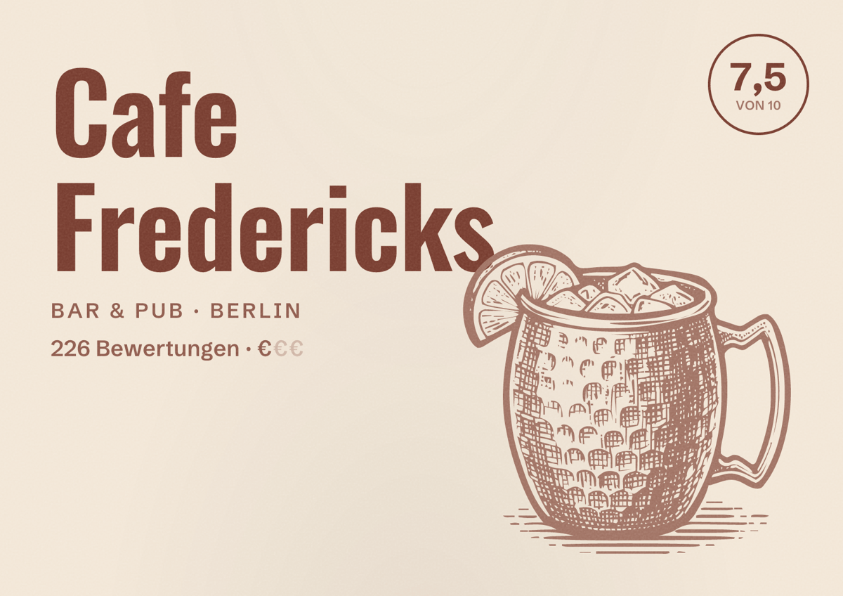 Illustriertes Poster von Cafe Fredericks, Bar & Pub in Berlin: Bewertung 7,5 von 10 aus 226 Bewertungen, Preisniveau €
