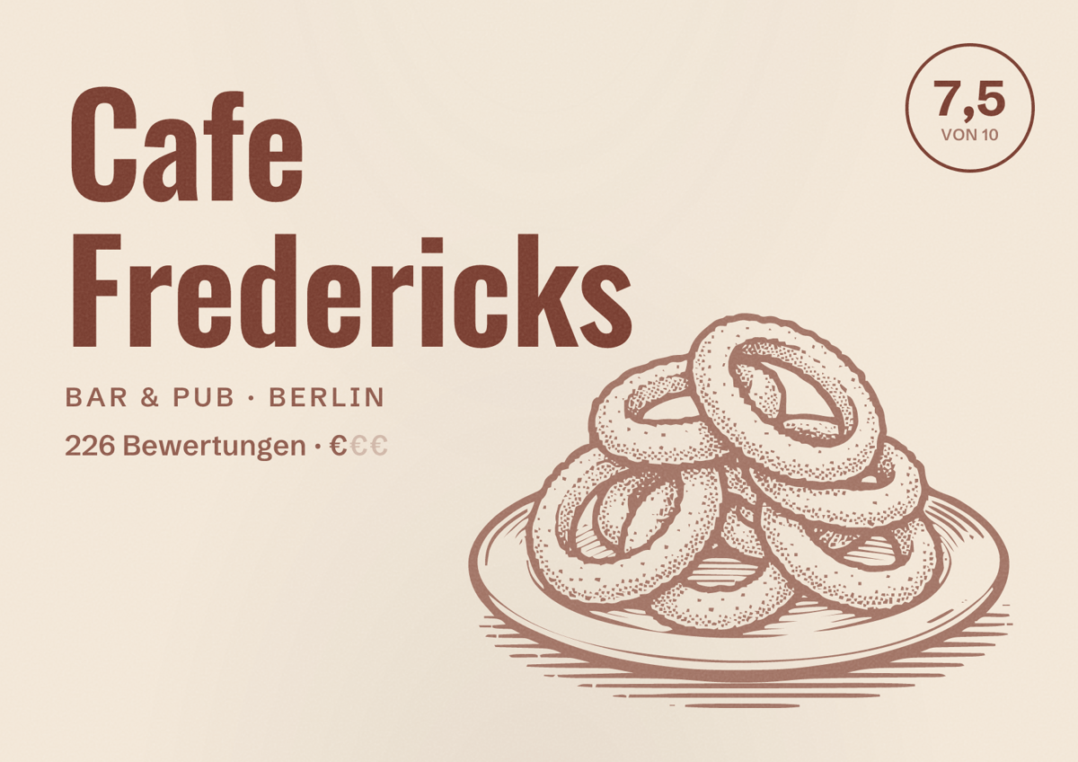 Illustriertes Poster von Cafe Fredericks, Bar & Pub in Berlin: Bewertung 7,5 von 10 aus 226 Bewertungen, Preisniveau €