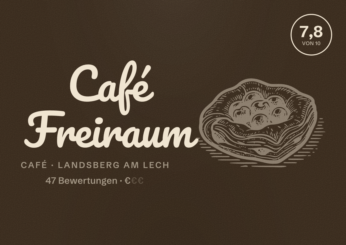 Illustriertes Poster von Café Freiraum, Café in Landsberg am Lech: Bewertung 7,8 von 10 aus 47 Bewertungen, Preisniveau €