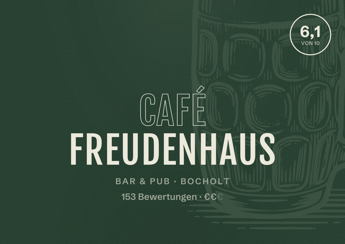 Illustriertes Poster von café freudenhaus, Bar & Pub in Bocholt: Bewertung 6,1 von 10 aus 153 Bewertungen, Preisniveau €€