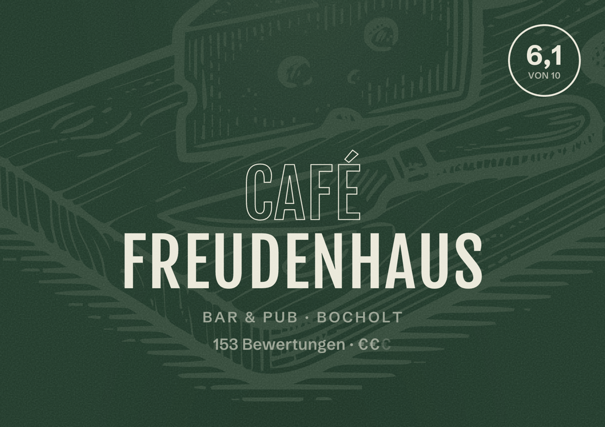 Illustriertes Poster von café freudenhaus, Bar & Pub in Bocholt: Bewertung 6,1 von 10 aus 153 Bewertungen, Preisniveau €€