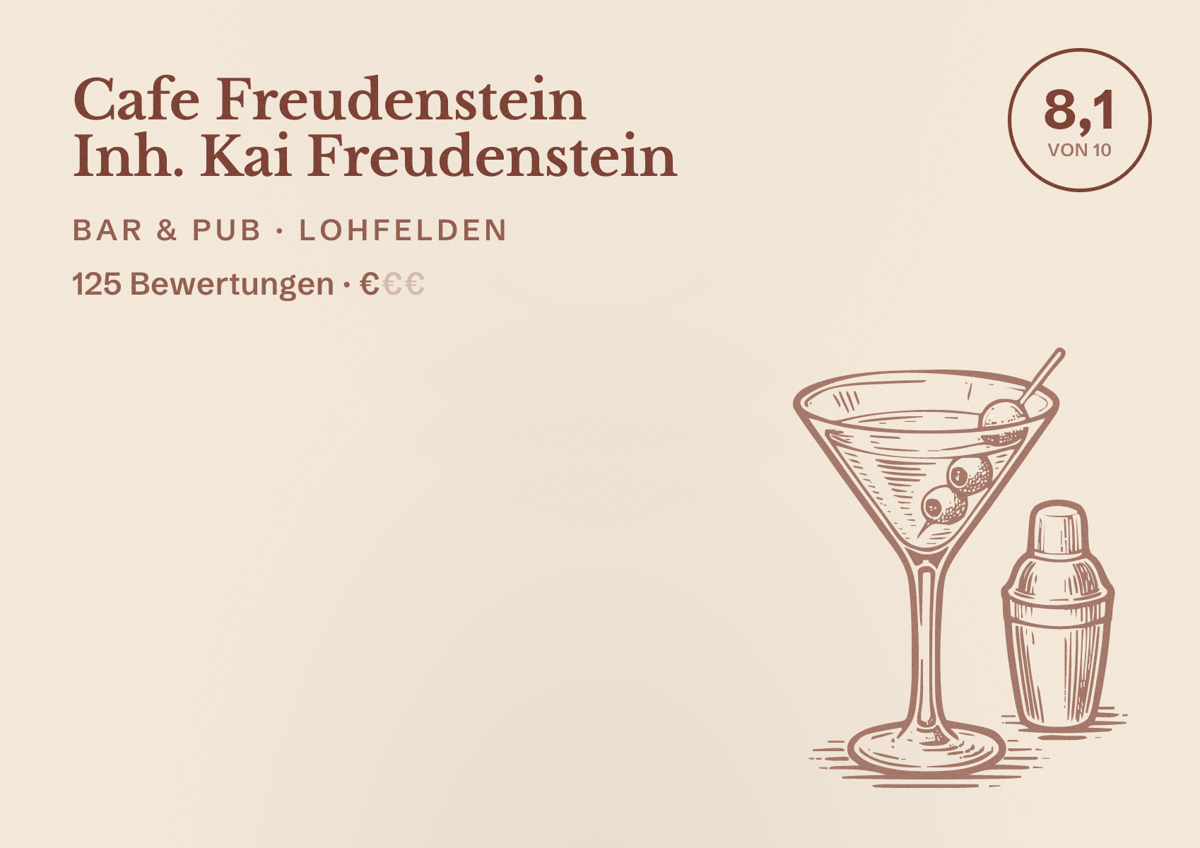 Illustriertes Poster von Cafe Freudenstein Inh. Kai Freudenstein, Bar & Pub in Lohfelden: Bewertung 8,1 von 10 aus 125 Bewertungen, Preisniveau €