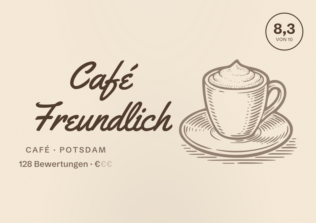 Illustriertes Poster von Café Freundlich, Café in Potsdam: Bewertung 8,3 von 10 aus 128 Bewertungen, Preisniveau €