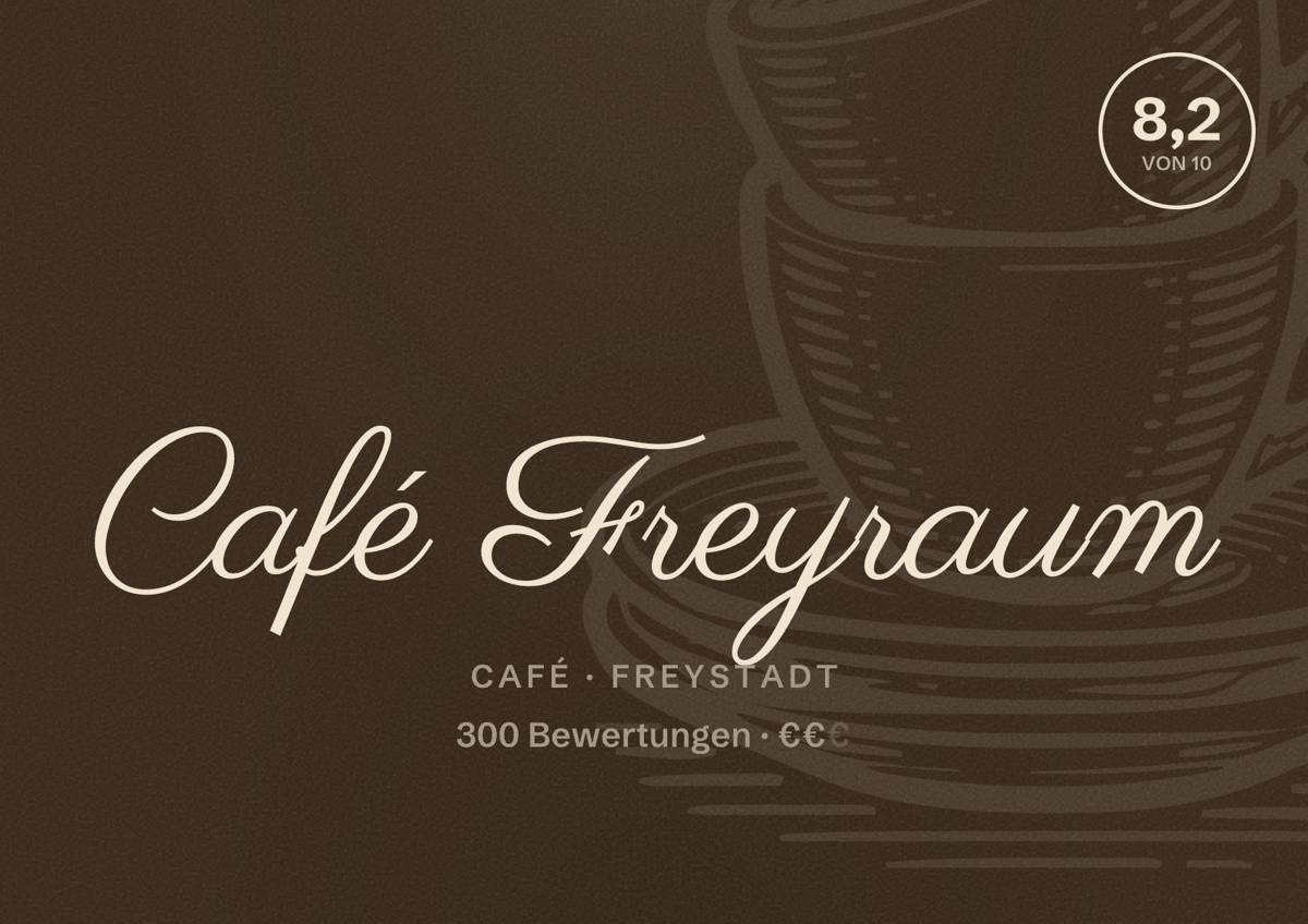 Illustriertes Poster von Café Freyraum, Café in Freystadt: Bewertung 8,2 von 10 aus 300 Bewertungen, Preisniveau €€