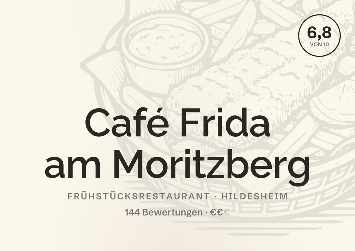Illustriertes Poster von Café Frida am Moritzberg, Frühstücksrestaurant in Hildesheim: Bewertung 6,8 von 10 aus 144 Bewertungen, Preisniveau €€