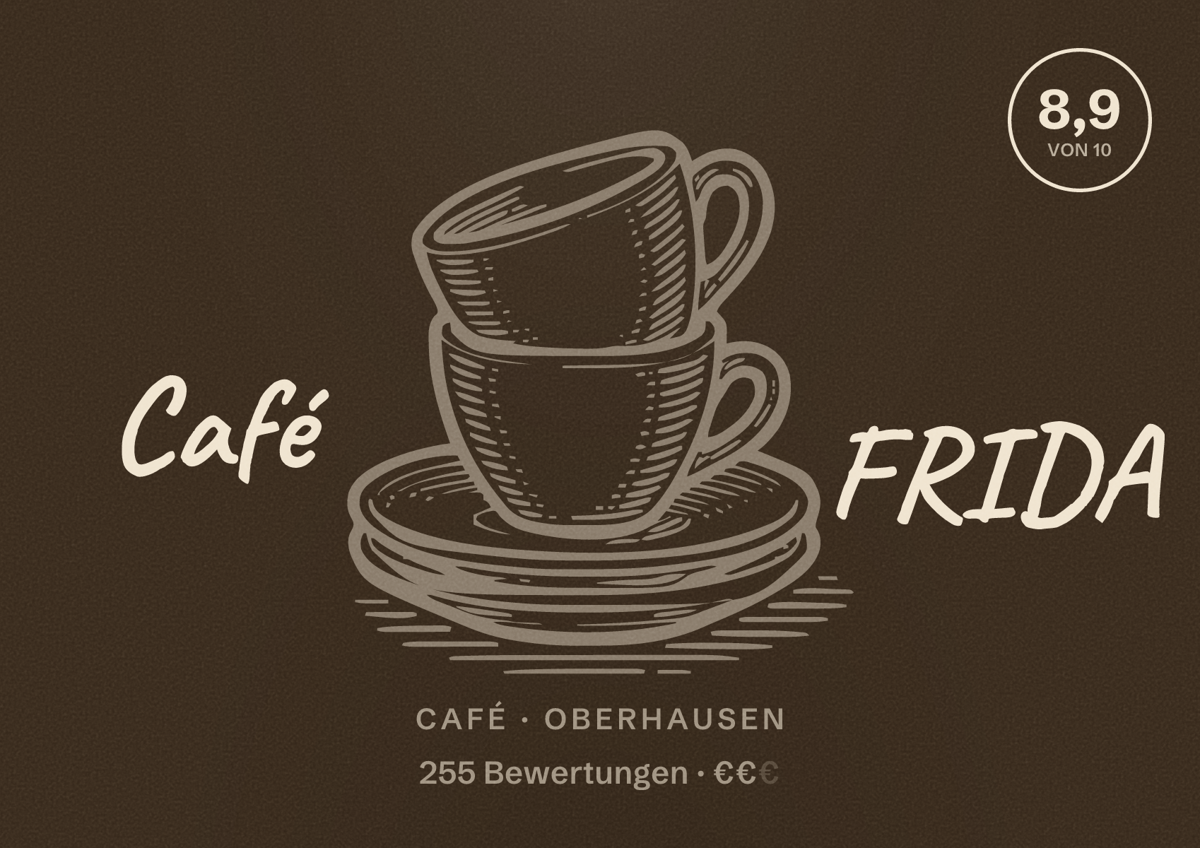 Illustriertes Poster von Café FRIDA, Café in Oberhausen: Bewertung 8,9 von 10 aus 255 Bewertungen, Preisniveau €€