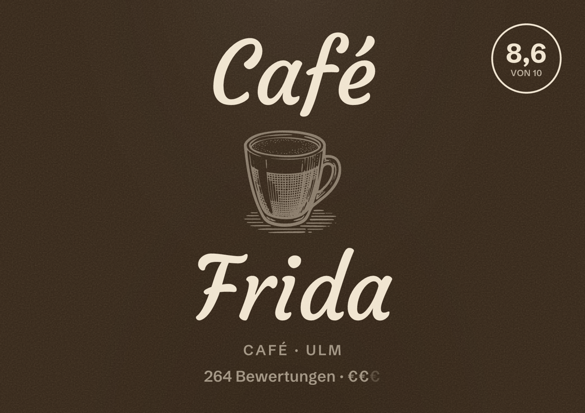 Illustriertes Poster von Café Frida, Café in Ulm: Bewertung 8,6 von 10 aus 264 Bewertungen, Preisniveau €€