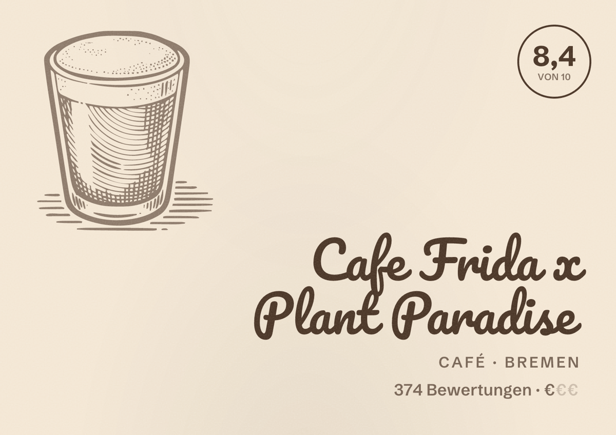 Illustriertes Poster von Cafe Frida x Plant Paradise, Café in Bremen: Bewertung 8,4 von 10 aus 374 Bewertungen, Preisniveau €
