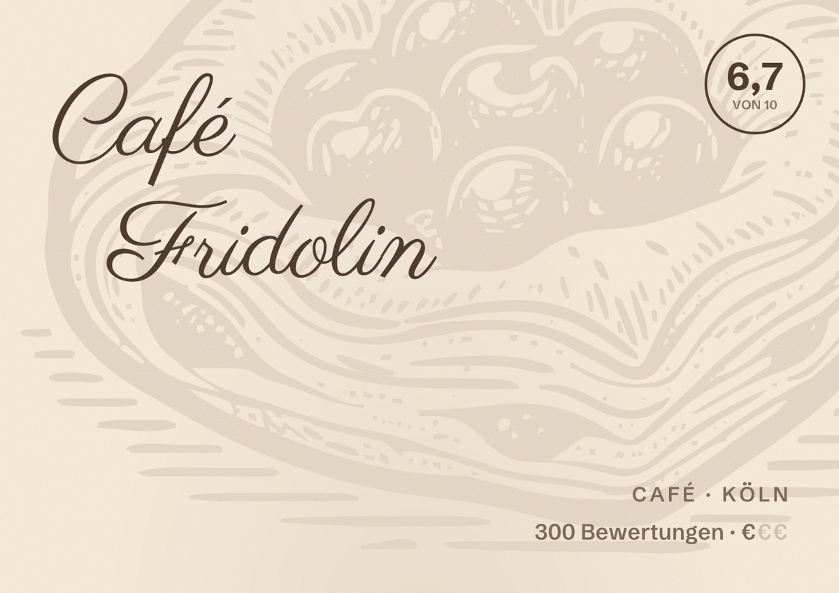 Illustriertes Poster von Café Fridolin, Café in Köln: Bewertung 6,7 von 10 aus 300 Bewertungen, Preisniveau €