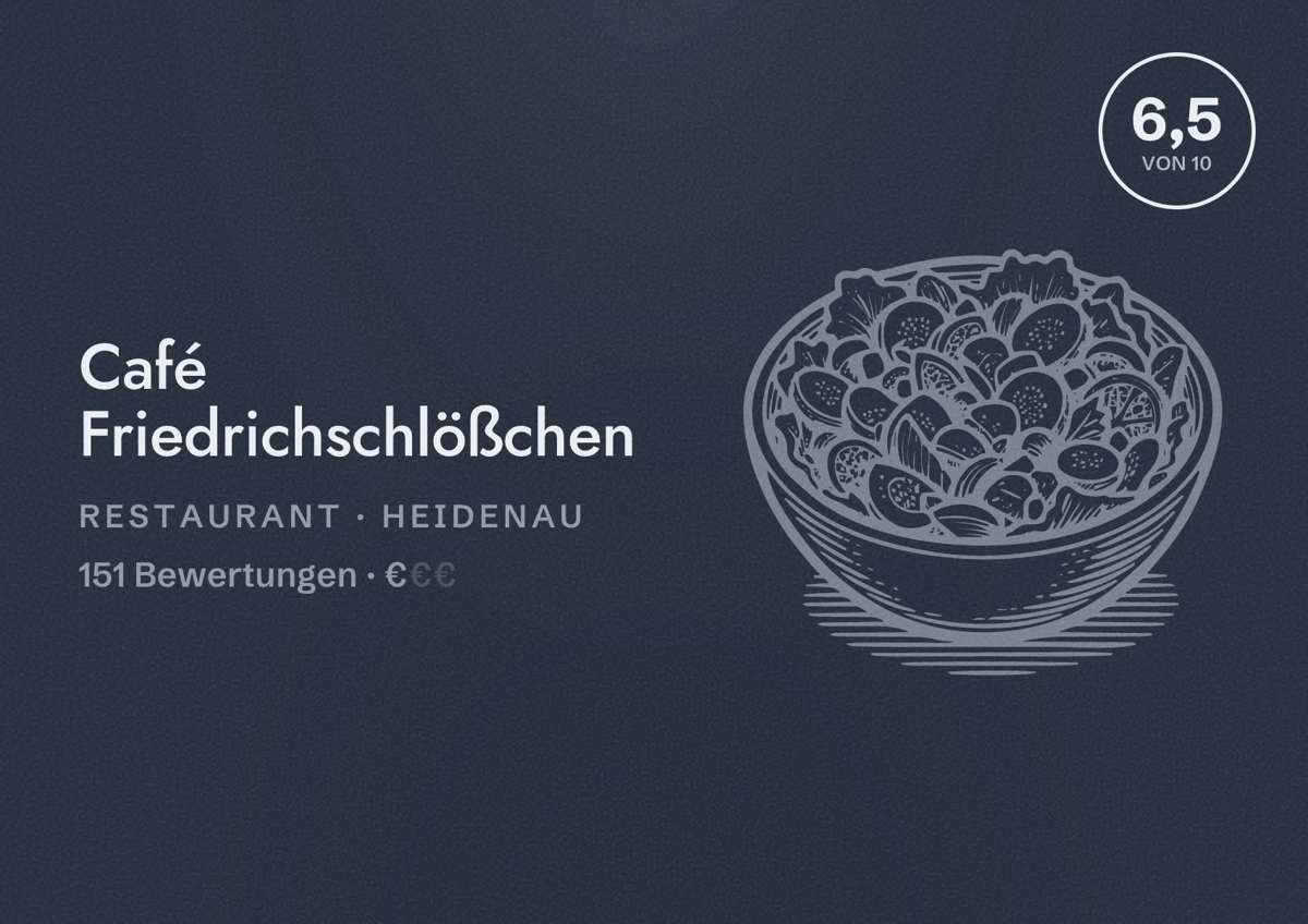 Illustriertes Poster von Café Friedrichschlößchen, Restaurant in Heidenau: Bewertung 6,5 von 10 aus 151 Bewertungen, Preisniveau €
