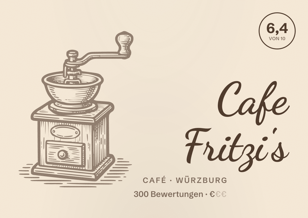Illustriertes Poster von Cafe Fritzi's, Café in Würzburg: Bewertung 6,4 von 10 aus 300 Bewertungen, Preisniveau €