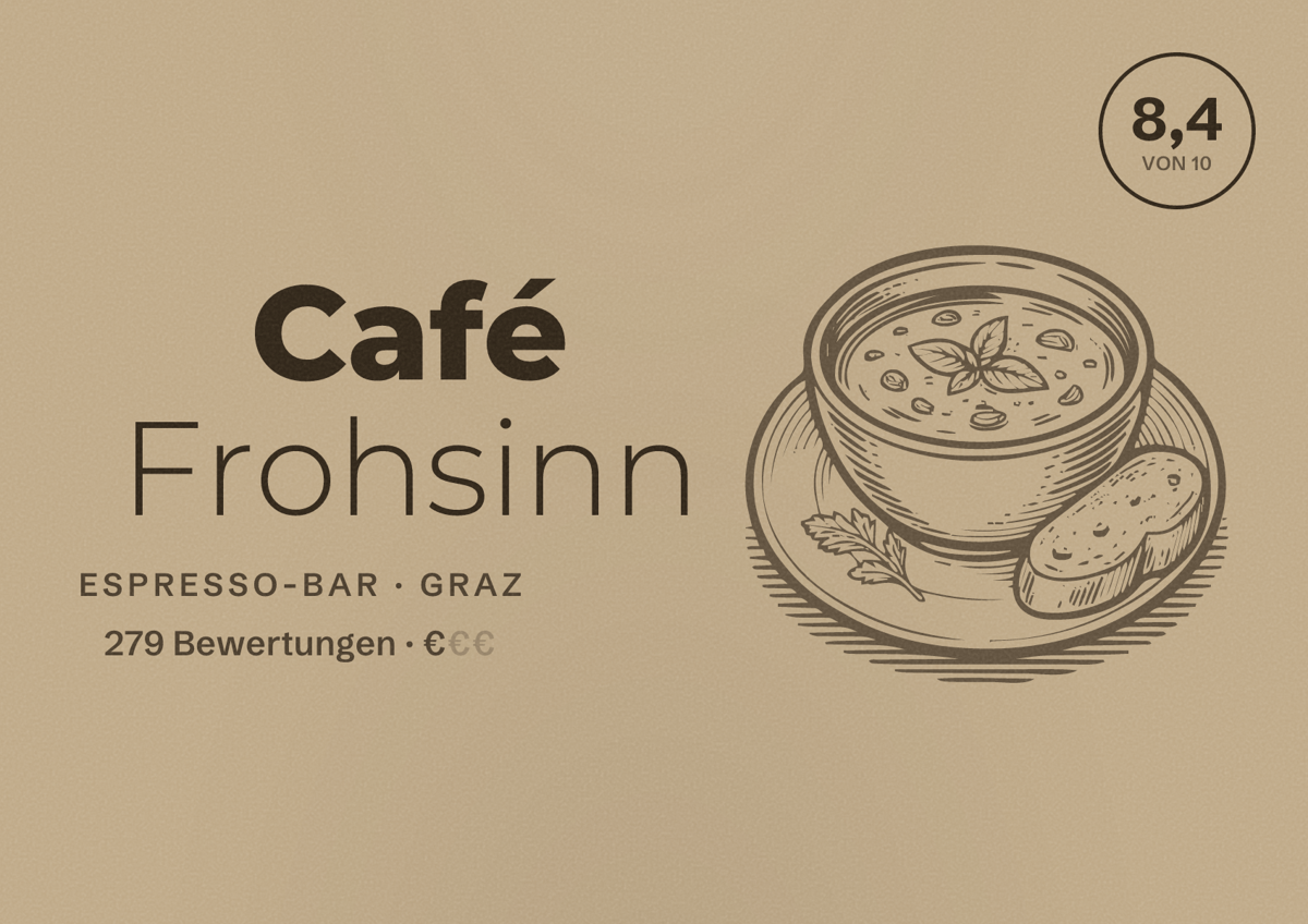Illustriertes Poster von Café Frohsinn, Espresso-Bar in Graz: Bewertung 8,4 von 10 aus 279 Bewertungen, Preisniveau €